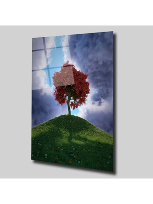 Glassual Art Kırmızı Renkli Ağaç Manzara Cam Tablo PCT0296