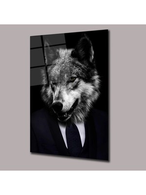 Glassual Art Takım Elbiseli Kurt Hayvanlar Alemi Cam Tablo PCT0770