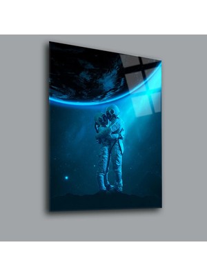 Glassual Art Birbirine Sarılan Astronotlar Uzay ve Bilim Cam Tablo PCT0065