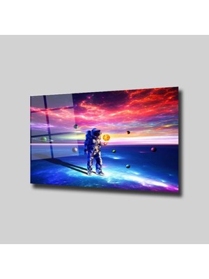 Glassual Art Renkli ve Güneşi Tutan Astronot Uzay ve Bilim Cam Tablo PCT0395