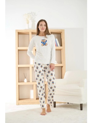 Pijamoni Kadın Berlin Rodoplu Ayıcık Desenli Beyaz Pijama Takımı