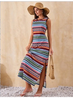 Bosel Kadın Bisiklet Yaka Cizgi Desen Süprem Elbise