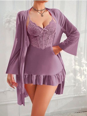 Civetta Özeltasarım Dantel Işlemeli Fırfırlı Sabahlıklı 2'li Mor Gecelik Takımı