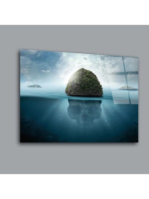 Glassual Art Deniz Ortasında Dağ ve Kurukafa Manzara Cam Tablo PCT0157