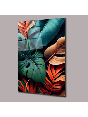 Glassual Art Yeşil Kırmızı Yapraklar Çiçek Cam Tablo PCT0634