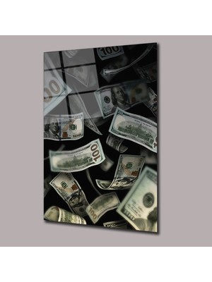 Glassual Art Siyah Zemin Üzerinde Uçuşan Dolarlar Dolar Cam Tablo PCT0796
