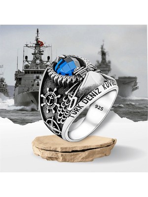 Takılingo 925 Ayar Gümüş Mavi Zirkon Taşlı Türk Deniz Kuvvetleri Temalı Askeri Erkek Yüzük
