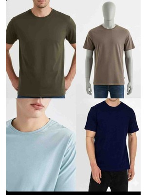 Orginal 4'lü Paket Kısa Kol Tişört Kahverengi-Haki-Koyu Mavi-Buz Mavisi