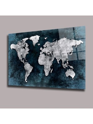 Mavi Beyaz Dünya Haritası Harita Cam Tablo PCT0620