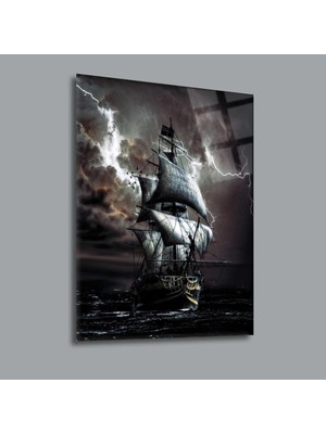 Glassual Art Kötü Hava Koşulunda Giden Gemi Manzara Cam Tablo PCT0074