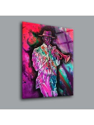 Glassual Art Mor Tonlarında Trompet Çalan Adam Renk Gümbüşü Cam Tablo PCT0017