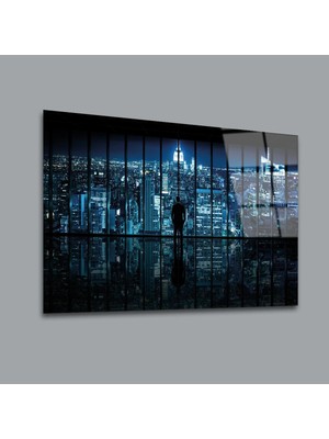 Glassual Art Işıklı Binaları Izleyen Adam Manzara Cam Tablo PCT0088