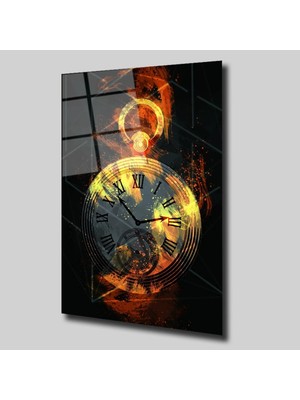 Glassual Art Sarı Detaylı Saat Illüstrasyon Cam Tablo PCT0348