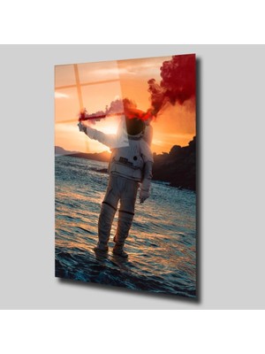 Glassual Art Elinde Meşale Yanan Astronot Uzay ve Bilim Cam Tablo PCT0291