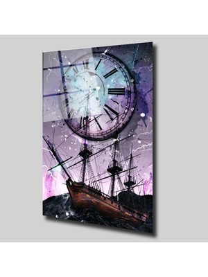 Glassual Art Saat ve Gemi Illüstrasyon Cam Tablo PCT0260