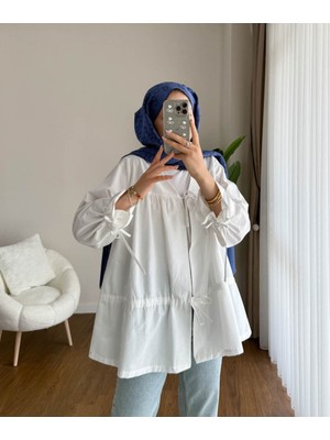 RFK Butik Kadın Büzgülü Önden Bağlamalı Poplin Kimono - Beyaz