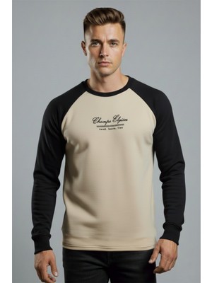 Deepsea Erkek Bej Fitilli Şardonlu Sweatshirt - Pamuklu, Likralı, Rahat Kalıp Sweatshirt 2601510