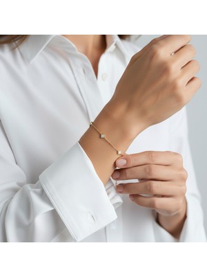 PIEDORA GOLD 14 Ayar Altın Kare Taşlı İnce Zincir Kadın Bileklik