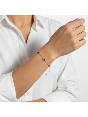 PIEDORA GOLD 14 Ayar Altın Siyah Yonca Detaylı Zincir Kadın Bileklik