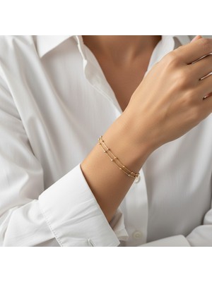 PIEDORA GOLD 14 Ayar Altın Üç Renk Boncuklu Çift Zincir Kadın Bileklik