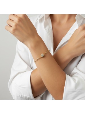 PIEDORA GOLD 14 Ayar Altın Taşlı Kare Detaylı Zincir Kadın Bileklik