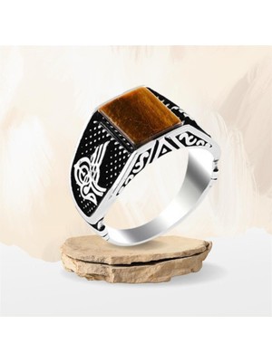 Takılingo 925 Ayar Gümüş Osmanlı Tuğra Işlemeli Kaplangözü Taşlı Serçe Parmak Erkek Yüzük