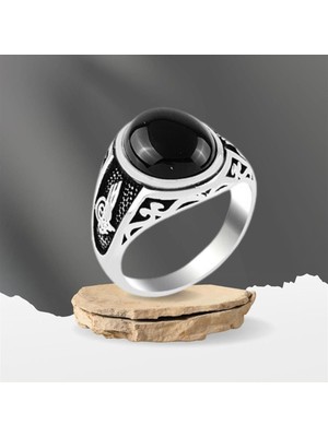 Takılingo 925 Ayar Gümüş Tuğra Işlemeli Siyah Oniks Taşlı Serçe Parmak Erkek Yüzük