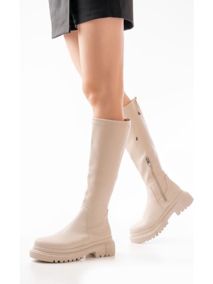 Zerenyus ZRİN812-2291 Premium Bej Fermuarlı Günlük Kadın Çizme