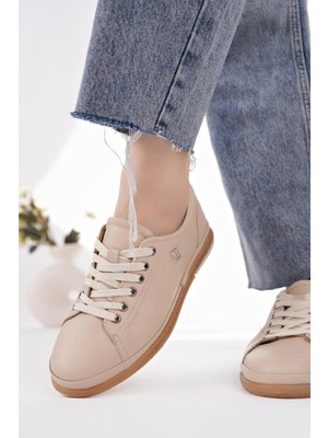 Modessa 160 Bej Bağcıklı Hakiki Soft Deri Kadın Ayakkabı