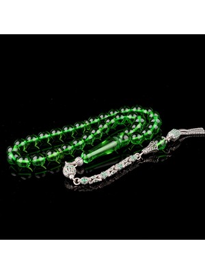 Takı925 Yeşil Renk Damla Kehribar Tesbih Zirkon Taşlı Gümüş Püsküllü