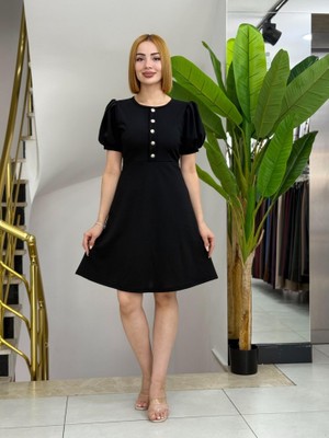 Bosel Kadın Kısa Kollu Bisiklet Yaka Önden Düğmeli Ithal Krep Elbise