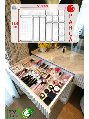 15 Parça Çekmece Içi Modüler Organizer, Makyaj ve Takı Düzenleyici