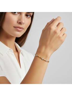 PIEDORA GOLD 14 Ayar Altın Taşlı Oval Zincir Bileklik – Yuvarlak Detaylı Kadın Altın Bileklik