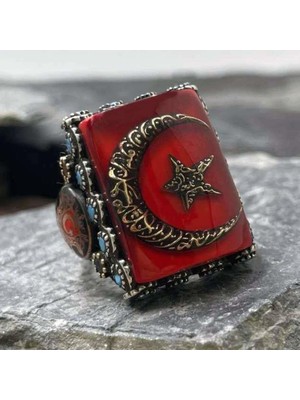 Takılingo 925 Ayar Gümüş Kırmızı Mineli Ayyıldız Işlemeli Kelime-I Tevhid Erkek Yüzük