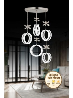 Feyza Design Şık Kristal Taşlı Gümüş Ledli Sarkıt Avize, 3 Renk Modu, Salon ve Mutfak Için
