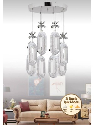 Feyza Design Modern 8'li Krom Renkli Ledli Kristal Taşlı Avize, Salon ve Mutfak Için