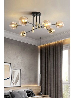 Feyza Design Modern Bal Glop Camlı Çapraz Model Altılı Siyah Avize, Şık ve Zarif Tasarım