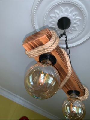 Feyza Design Şık Ahşap Halatlı Rustik Sarkıt Avize Çiftli Takım