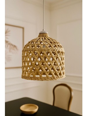 Feyza Design Şık Hasır Bambu Renkli Avize, 30CM, Duy Dahil, Bohem ve Rattan Tasarım