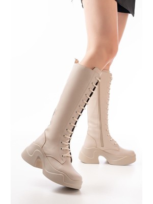 Zerenyus ZRİN-2450 Premium Bej Yüksek Tabanlı Bağcıklı Fermuarlı Günlük Kadın Çizme