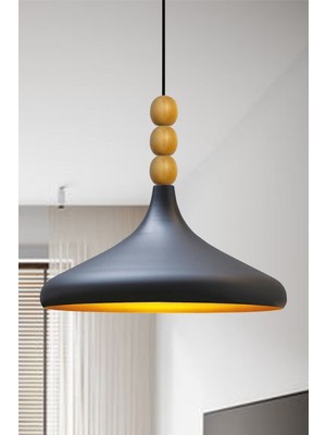 Feyza Design Siyah Ahşap Boncuklu Tekli Avize, Modern Salon ve Mutfak Aydınlatması