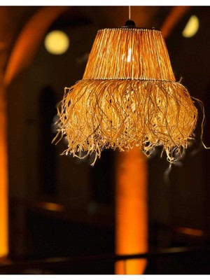 Feyza Design Doğal Hasır Saçaklı Dekoratif Rafya Avize, Şık ve Sıcak Atmosfer Için