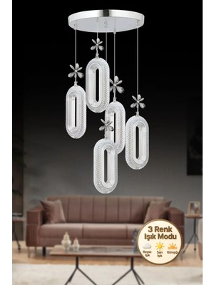 Feyza Design Modern 5'li Krom ve Kristal Taşlı Renkli LED Avize, Salon ve Mutfak Için