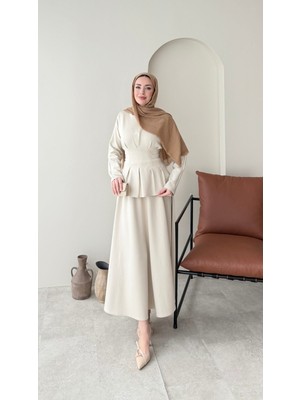 Miraydin Butik Belden Bağlamalı Etekli Scuba Takım – Bej
