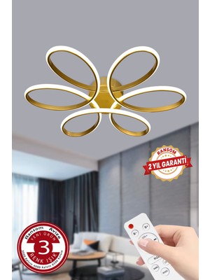 Feyza Design 3 Renk Plafonyer Kumandalı Gold LED Avize, Salon Papatya Tasarımı