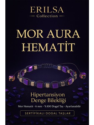 Erilsa Sertifikalı Hipertansiyon Denge Enerji Bilekliği – Mor Aura Hematit Doğal Taş 6 mm Ayarlanabilir
