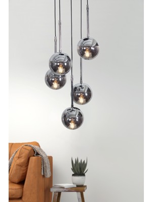 Feyza Design Krom ve Siyah Metal Gövde, Füme Cam Detaylı Şık Sarkıt Lamba