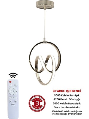 Feyza Design 3 Renk Krom Kumandalı Modern Sarkıt Avize, 4 Modlu Işıklandırma