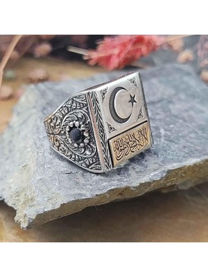 Takılingo 925 Ayar Gümüş Ayyıldız Kelime-I Tevhid Model Kalem Işlemeli Erkek Yüzük