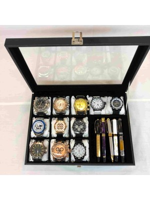 Siyah Deri Kaplı Cam Kapaklı Takı Saklama Kutusu, Şık ve Zarif Tasarım